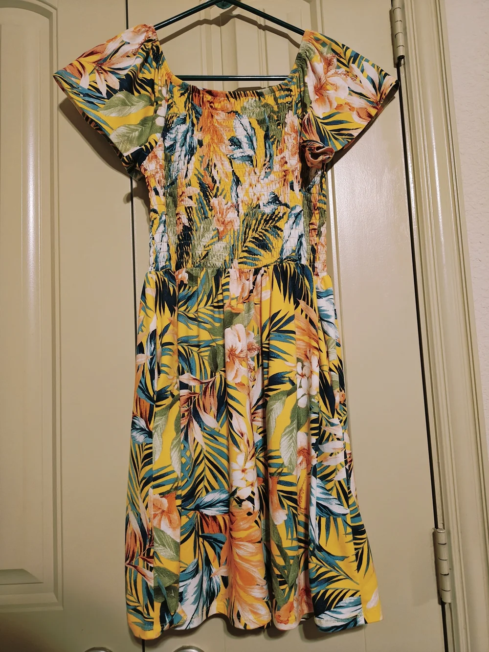 Tropical Smocked Off-Shoulder Girls Dress Sz 14 - Yellow Floral